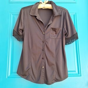 Vintage Blouse Fringe Sleeves Button Down Fitted Top Exagerated Flowy Trim M
